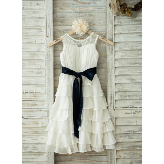 A-line Scoop Tea-Length Chiffon/Lace Flower Girl Dress