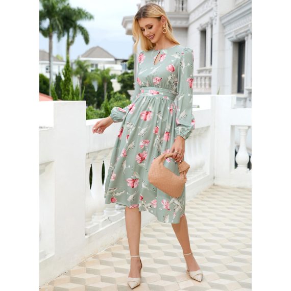 Floral Print Round Neck Long Sleeves Elegant A-line Polyester Midi Dresses