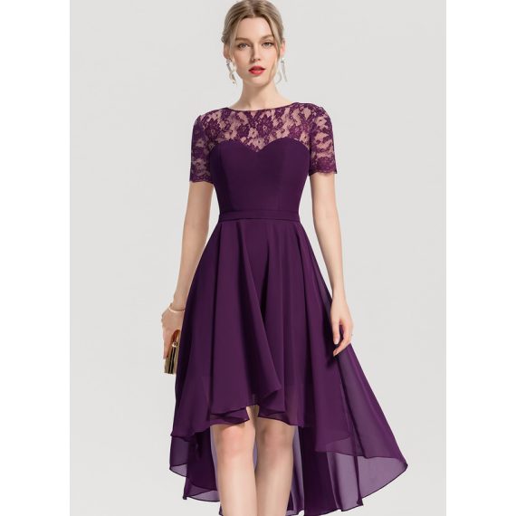 A-Line Scoop Asymmetrical Chiffon Lace Cocktail Dress