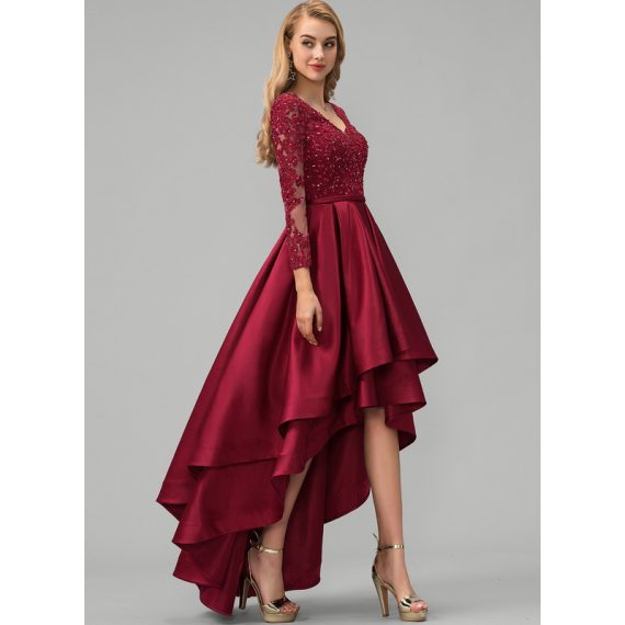Ball-Gown/Princess V-Neck Asymmetrical Satin Prom Dresses With Beading Sequins