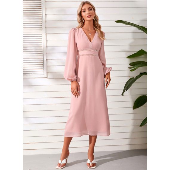 V-Neck Long Sleeves Elegant Sheath Chiffon Midi Dresses