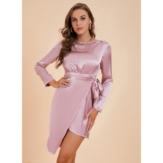 Round Neck Long Sleeves Elegant Sheath Polyester Asymmetrical Dresses