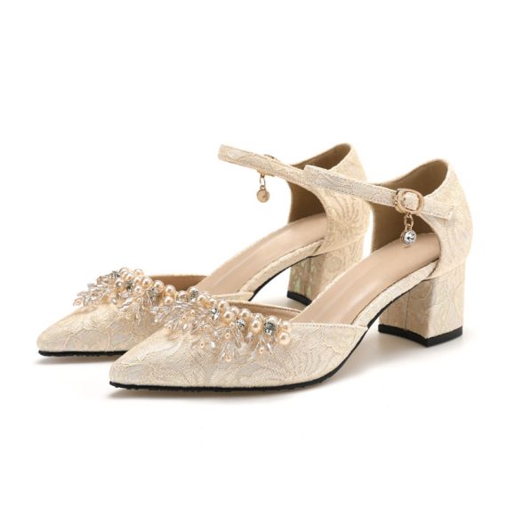 Women's Lace Satin High Heel Block Heel Closed Toe With ankle strap Pearl & Imitation Pearl Rhinestone