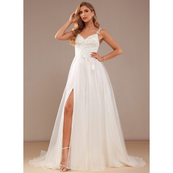Ball-Gown/Princess V-Neck Court Train Lace Organza Wedding Dress