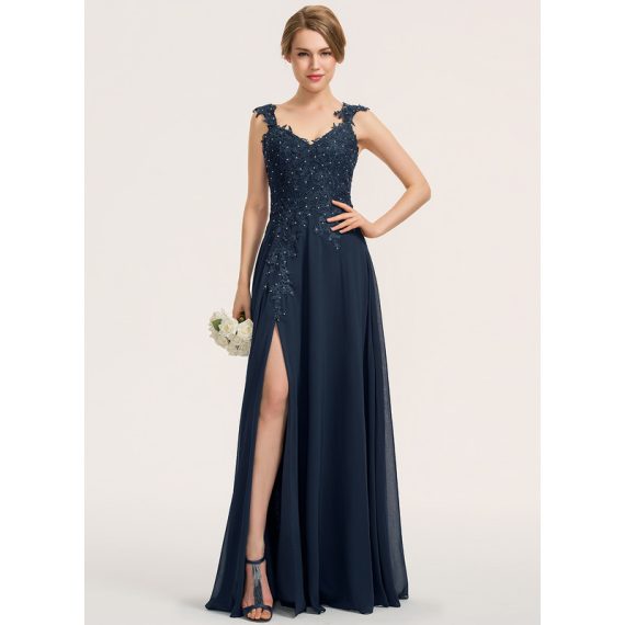 A-Line Sweetheart Floor-Length Chiffon Lace Bridesmaid Dress With Beading Split Front