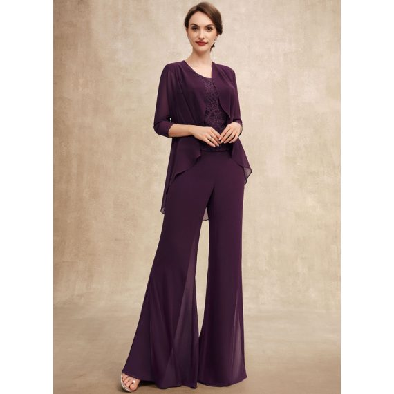 Jumpsuit/Pantsuit Scoop Floor-length Chiffon Lace Mother of the Bride Dress