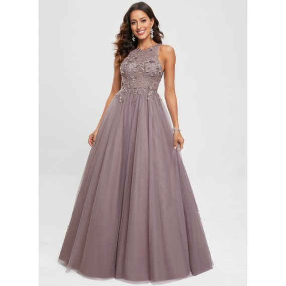 Ball-Gown/Princess Scoop Floor-length Tulle Prom Dresses With Sequins