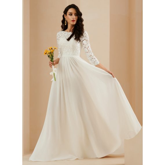 A-Line Scoop Neck Sweep Train Chiffon Wedding Dress With Lace