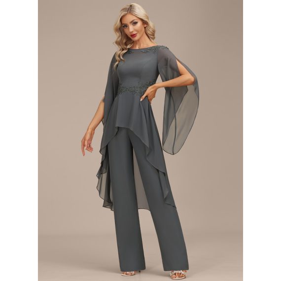 Jumpsuit/Pantsuit Separates Boat Neck Floor-Length Chiffon Evening Dress With Appliques Lace