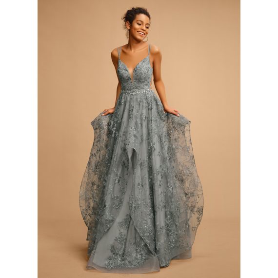 Ball-Gown/Princess V-Neck Floor-length Lace Tulle Prom Dresses