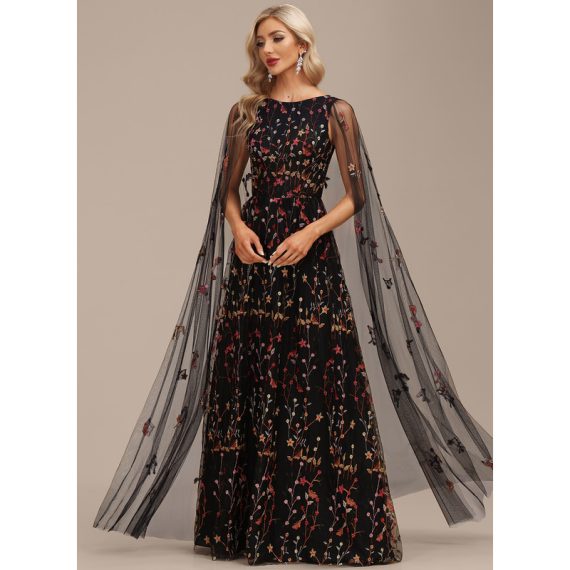A-Line Scoop Floor-Length Lace Evening Dress