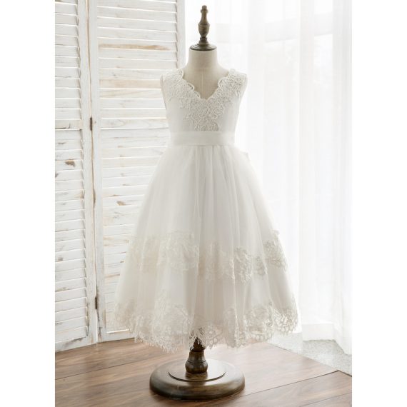 A-line V-Neck Tea-Length Lace/Tulle Flower Girl Dress