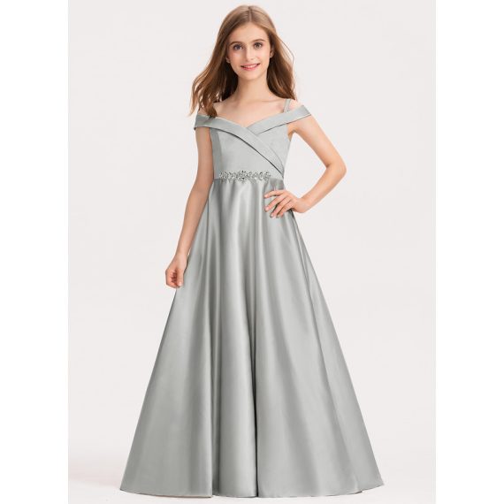 Ball-Gown/Princess Cold Shoulder Floor-length Satin Junior Bridesmaid Dress