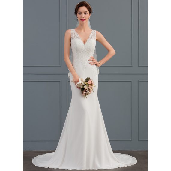 Trumpet/Mermaid V-neck Court Train Chiffon Lace Wedding Dress