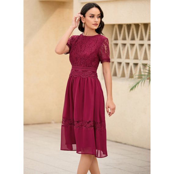 Round Neck Short Sleeves Elegant A-line Chiffon Midi Dresses