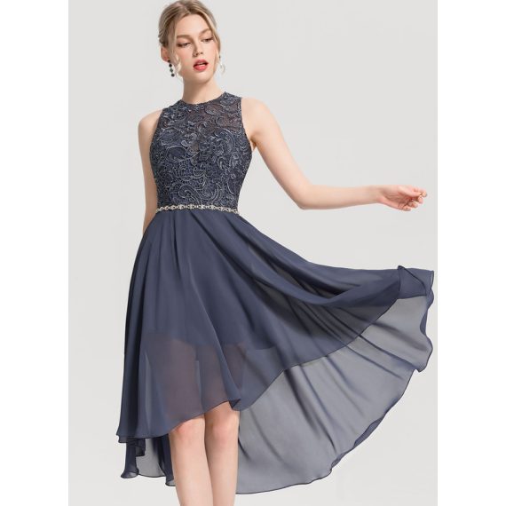 A-Line Scoop Asymmetrical Chiffon Lace Cocktail Dress With Beading