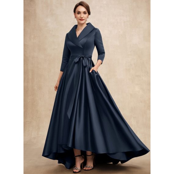 A-Line V-neck Asymmetrical Satin Mother of the Bride Dress With Bow(s)