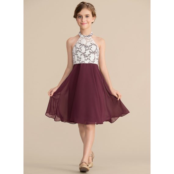 A-Line Halter Knee-Length Chiffon Lace Junior Bridesmaid Dress