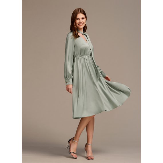 Bow(s) V-Neck Long Sleeves Elegant A-line Satin Midi Dresses