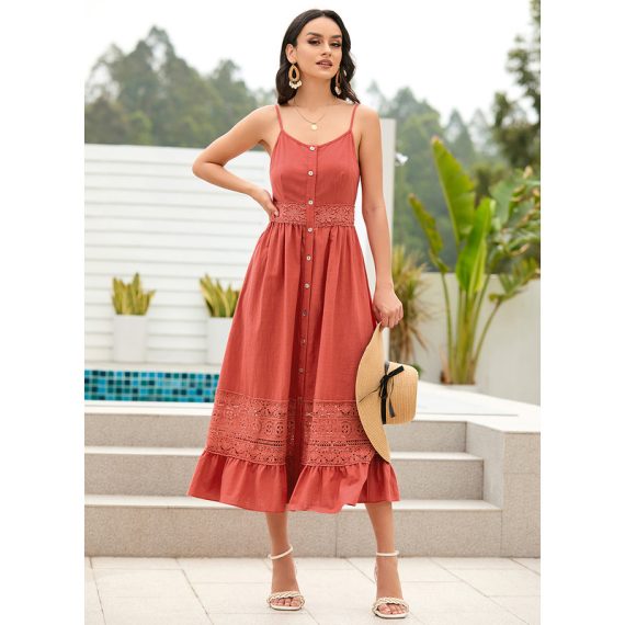 Square Neck Sleeveless Casual A-line Cotton Midi Dresses
