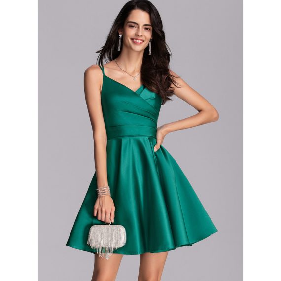 A-Line V-neck Short/Mini Satin Homecoming Dress With Ruffle