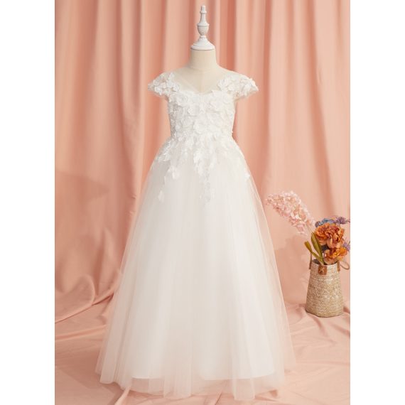 A-line V-Neck Floor-Length Lace/Tulle Flower Girl Dress