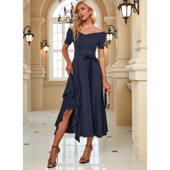 V-Neck Short Sleeves Elegant A-line Cotton Blends Asymmetrical Dresses