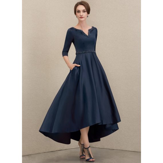 A-Line V-neck Asymmetrical Satin Mother of the Bride Dress With Beading Sequins