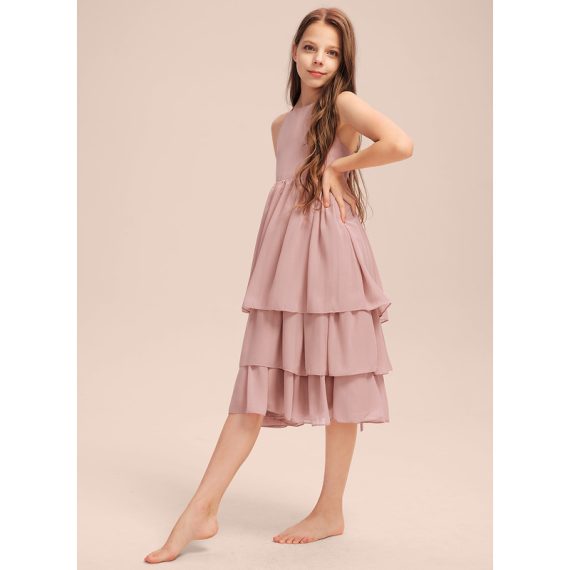 A-Line Scoop Knee-Length Chiffon Junior Bridesmaid Dress With Cascading Ruffles