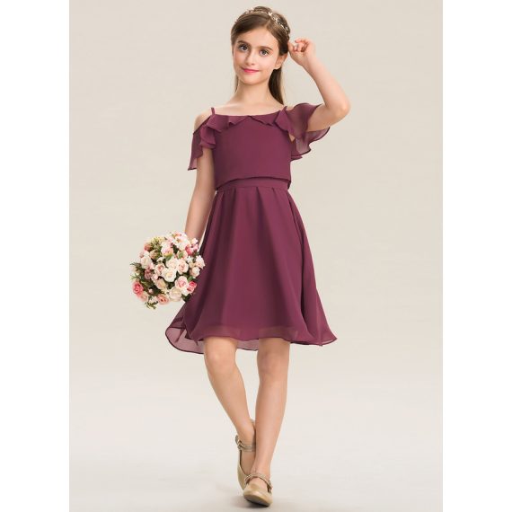 A-Line Cold Shoulder Knee-Length Chiffon Junior Bridesmaid Dress With Bow(s) Cascading Ruffles
