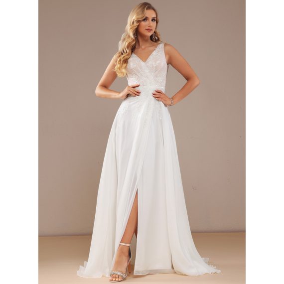 A-Line V-neck Sweep Train Chiffon Lace Wedding Dress With Lace Sequins Split Front
