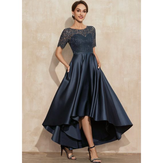 A-Line Scoop Illusion Asymmetrical Satin Lace Cocktail Dress