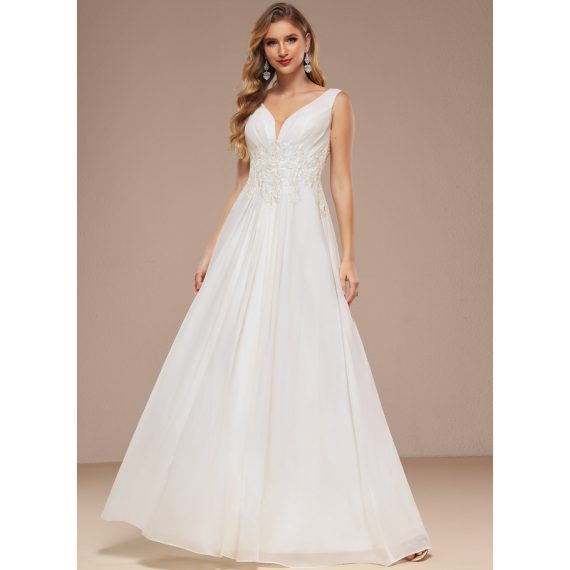 A-Line V-neck Floor-Length Chiffon Lace Wedding Dress With Sequins