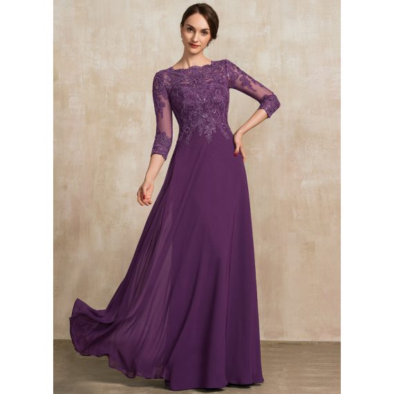 A-Line Scoop Floor-Length Chiffon Lace Evening Dress With Sequins