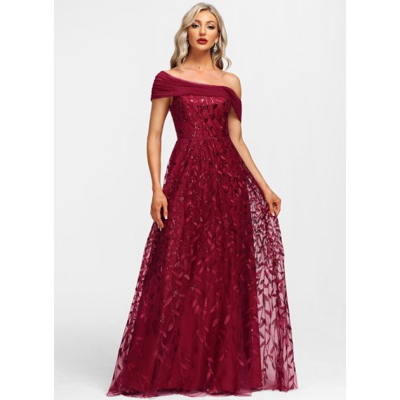A-Line Asymmetrical Floor-Length Tulle Lace Evening Dress With Sequins Pleated
