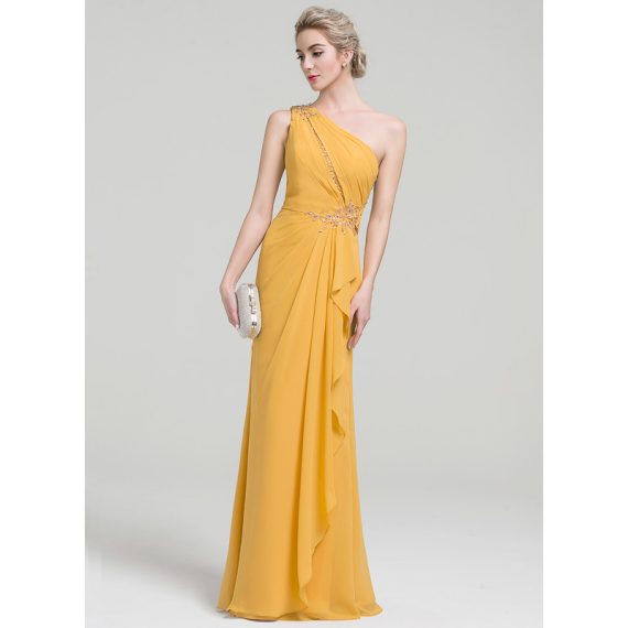 Sheath/Column One-Shoulder Floor-Length Chiffon Evening Dress With Beading Appliques Lace Sequins Cascading Ruffles