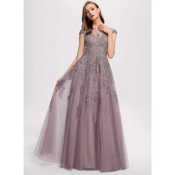 A-Line Scoop Illusion Floor-Length Tulle Lace Evening Dress With Sequins