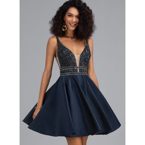 A-Line V-neck Short/Mini Satin Homecoming Dress With Beading Sequins