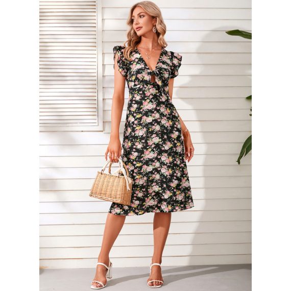 V-Neck Cap Sleeve Vacation A-line Chiffon Midi Dresses