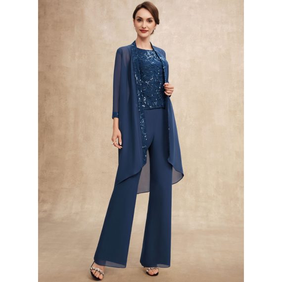 Jumpsuit/Pantsuit Separates Scoop Floor-Length Chiffon Lace Mother of the Bride Dress With Sequins