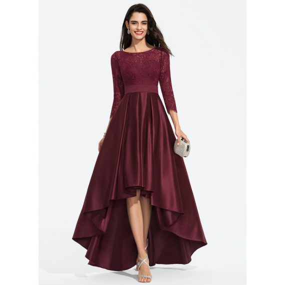 Ball-Gown/Princess Scoop Asymmetrical Satin Lace Prom Dresses With Bow(s)
