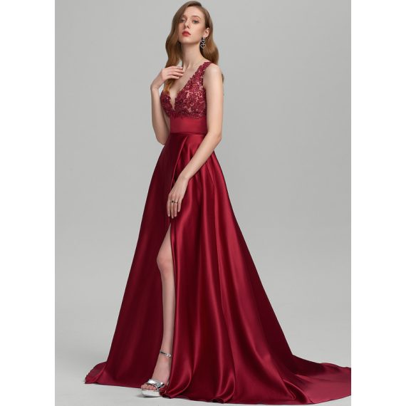 Ball-Gown/Princess V-neck Sweep Train Satin Lace Prom Dresses With Sequins