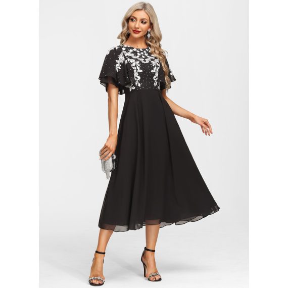 A-Line Scoop Tea-Length Chiffon Lace Evening Dress