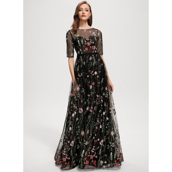 A-Line Scoop Illusion Floor-Length Lace Evening Dress With Beading