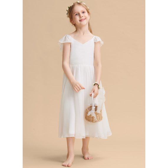 A-line V-Neck Tea-Length Chiffon/Satin Flower Girl Dress