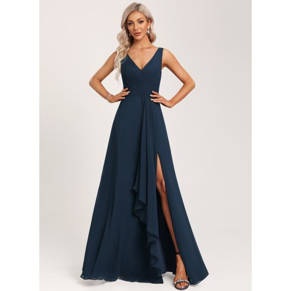 A-Line V-neck Floor-Length Chiffon Bridesmaid Dress With Ruffle