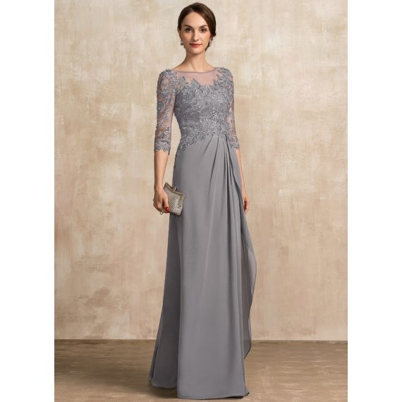 A-Line Scoop Illusion Floor-Length Chiffon Lace Mother of the Bride Dress With Beading Sequins Cascading Ruffles