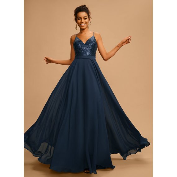 A-Line V-neck Floor-Length Chiffon Sequined Prom Dresses With Sequins