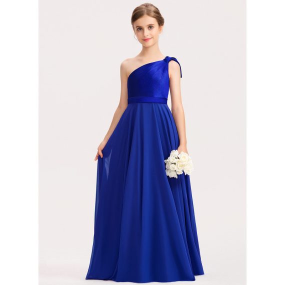 A-Line One-Shoulder Floor-Length Chiffon Charmeuse Junior Bridesmaid Dress