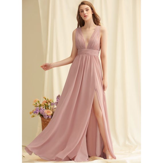 A-Line V-neck Floor-Length Chiffon Bridesmaid Dress With Pleated